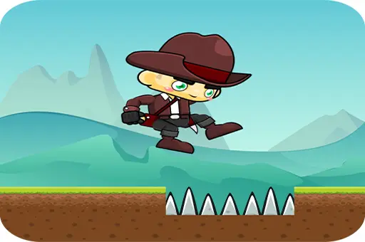 Cartoon cowboy character in mid-jump over sharp ground spikes in a side-scrolling platform game with mountains in the background